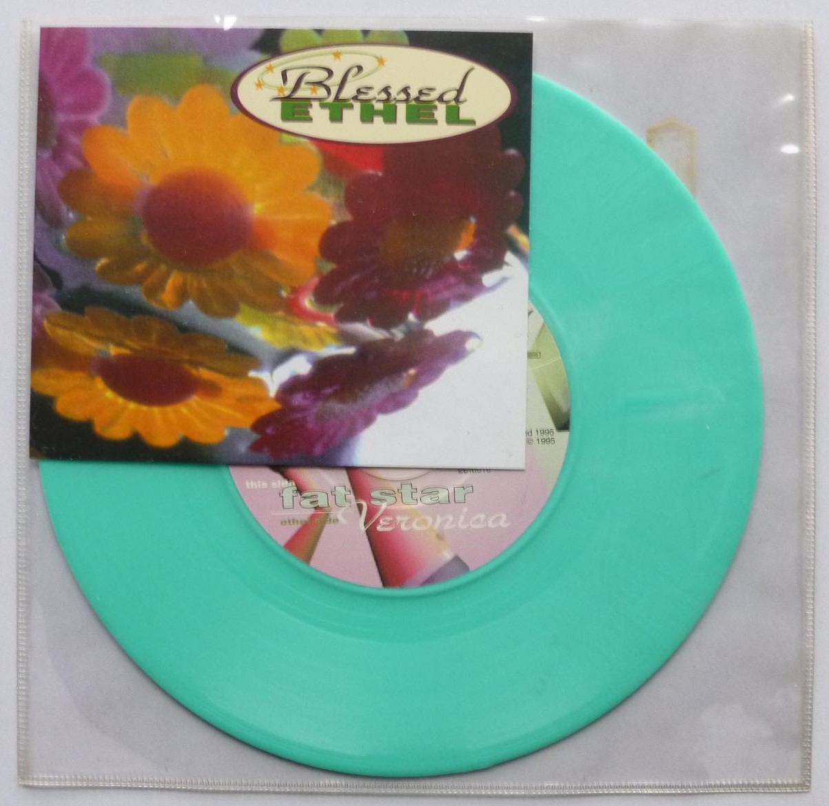 Blessed Ethel Fat Star 7" Damn Loud 2DM010 EX/EX 1995 green vinyl with postcard insert in stickered pvc sleeve - Image 5