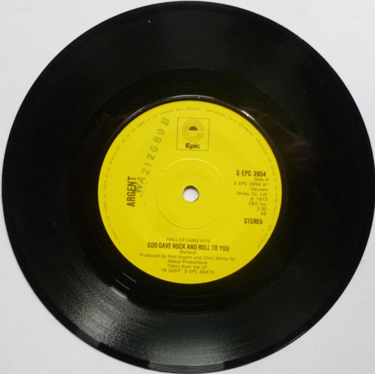 Argent God Gave Rock N Roll To You 7" Epic SEPC3954 EX 1970s there is writing on label, Hall Of Fame Hits series