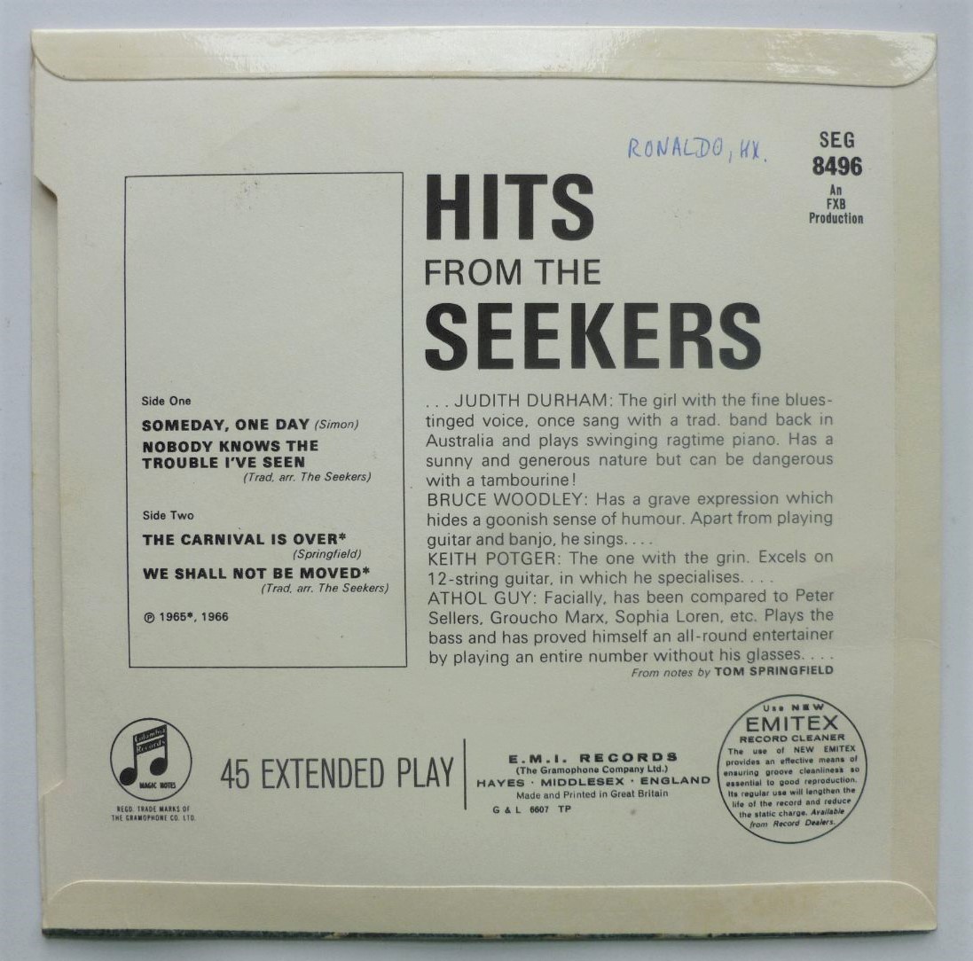 Seekers Hits From The Seekers EP Columbia SEG8496 VG/VG 1966 there is sticker on side one label and writing on picture sleeve - Image 3
