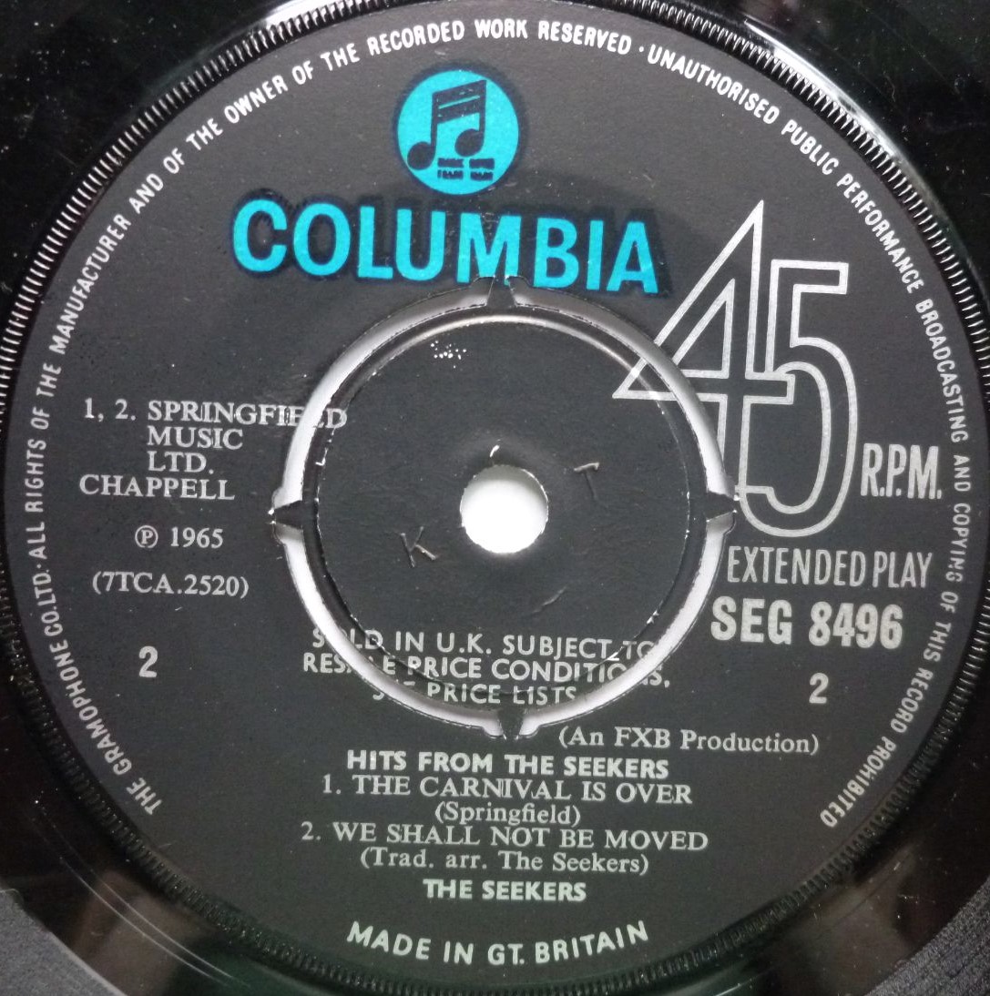 Seekers Hits From The Seekers EP Columbia SEG8496 VG/VG 1966 there is sticker on side one label and writing on picture sleeve - Image 5