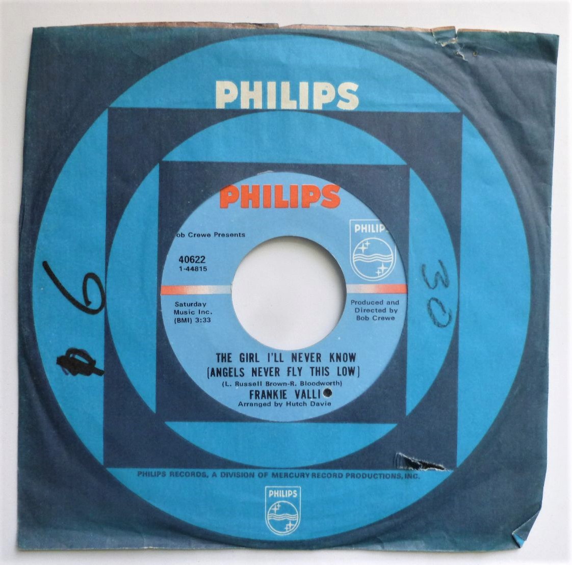 Frankie Valli The Girl I'll Never Know 7" Philips 40622 EX 1969 US pressing with drill hole in label, company sleeve is VG