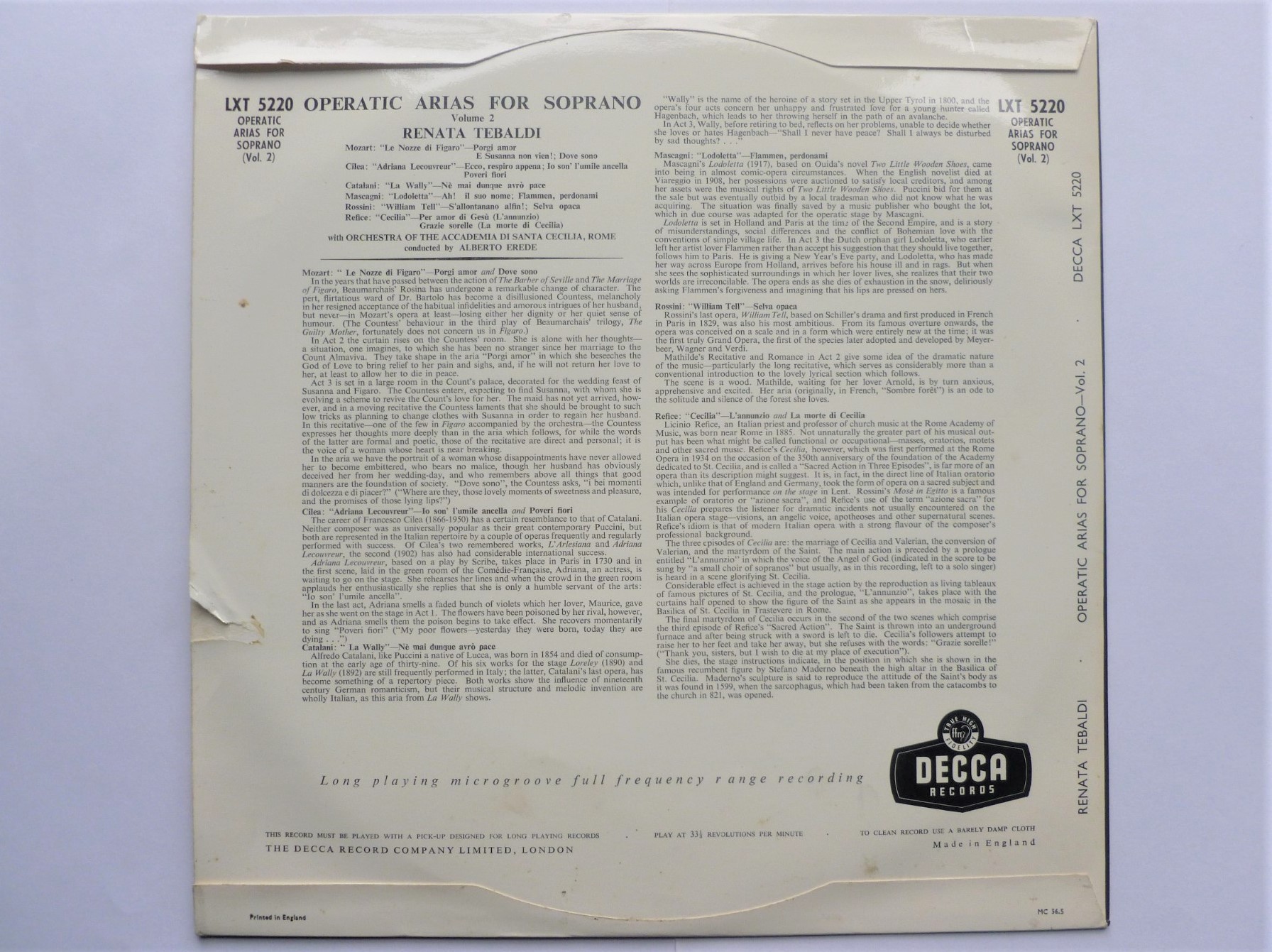 Renata Tebaldi Operatic Arias For Soprano LP Decca LXT5220 EX/VG 1956 there is small closed tear at rear opening on sleeve - Image 2