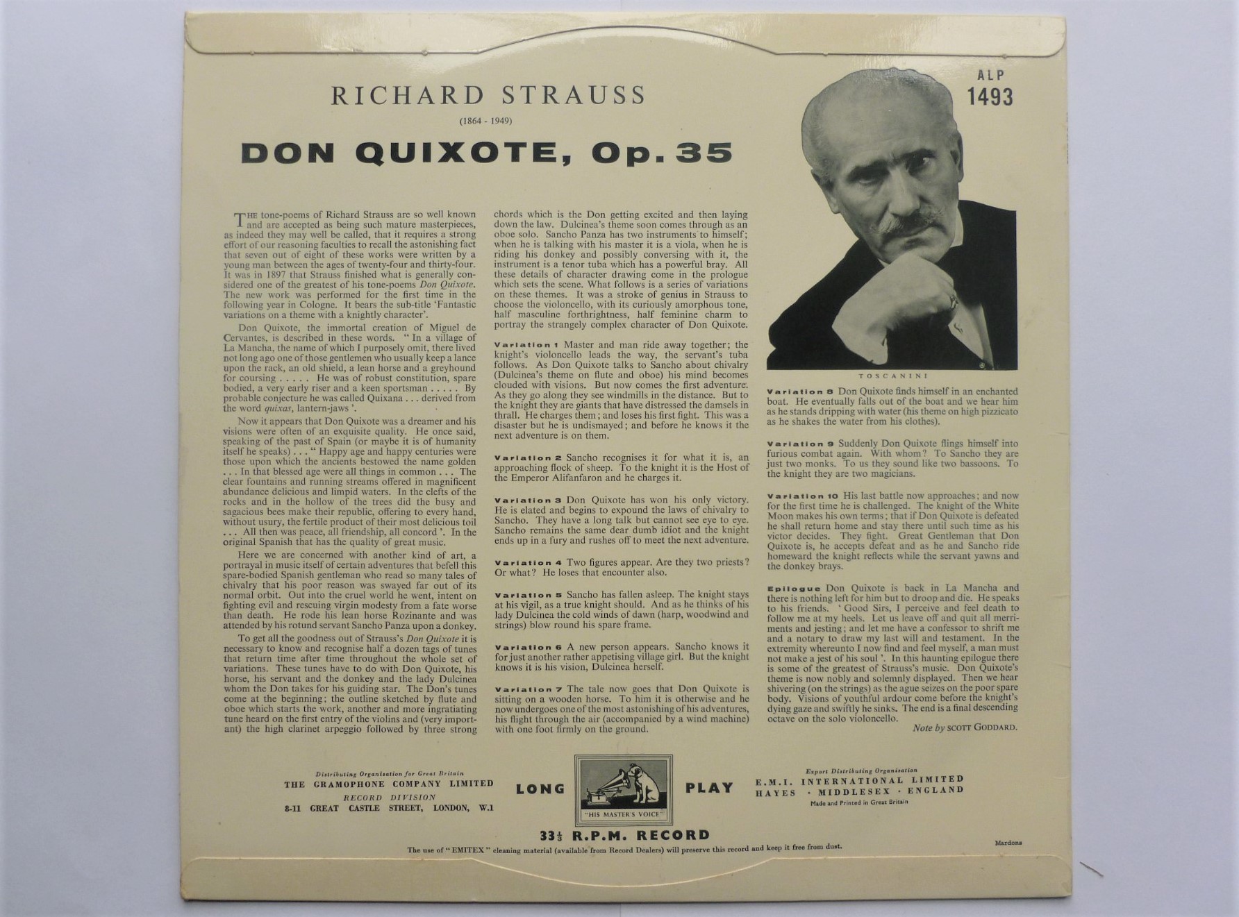 Toscanini Don Quixote LP RCA ALP1493 EX/VG 1950s sleeve would be EX but laminate is slightly peeling at front opening - Image 2