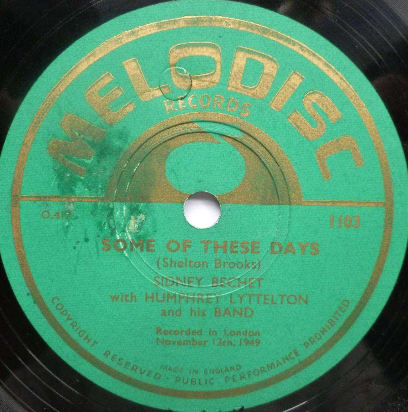 Sidney Bechet Some Of These Days 10" Melodisc 1103 VG+ 1949 10 inch 80rpm single, US pressing, Edison diamond discs, there light sticker marks on labels