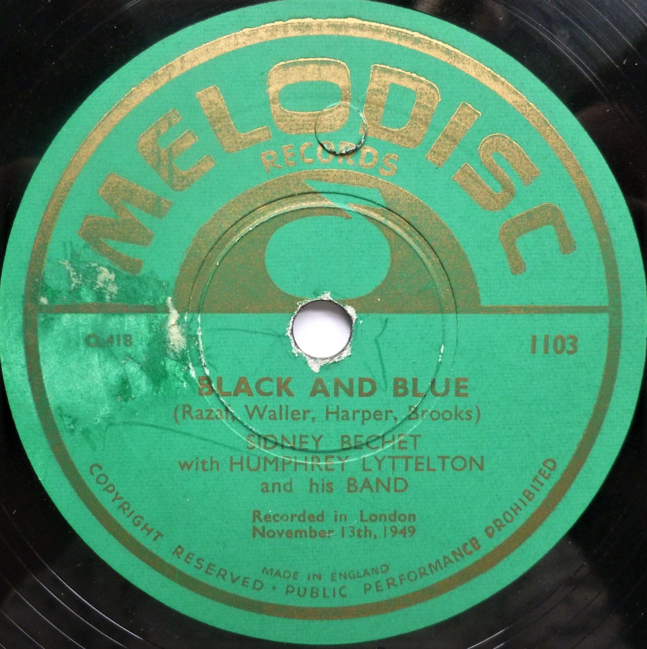 Sidney Bechet Some Of These Days 10" Melodisc 1103 VG+ 1949 10 inch 80rpm single, US pressing, Edison diamond discs, there light sticker marks on labels - Image 2