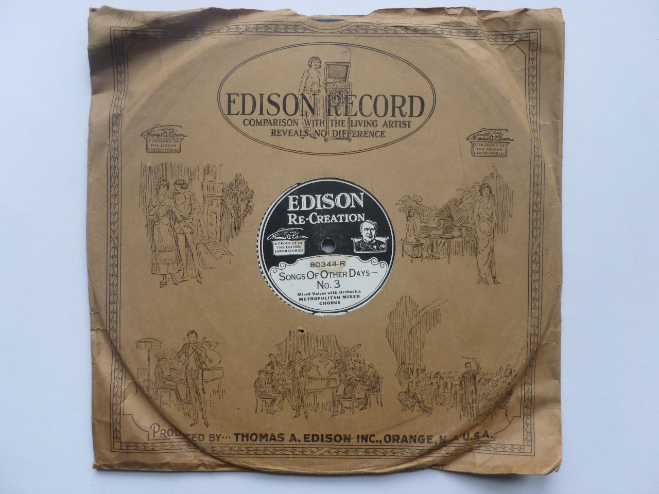 Metropolitan Mixed Chorus Songs Of Other Days No 4 10" Edison Recreation 80344 VG 1920s 10" 78rpm record in original Edison company sleeve, US pressing. There is some spindle wear, record looks EX