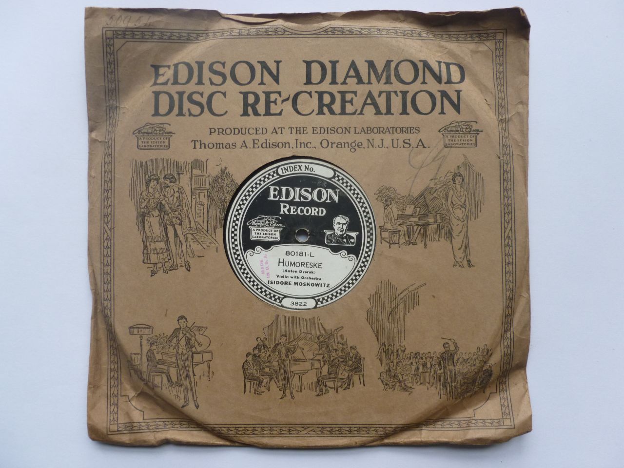 Isidore Moskowitz Humoreske 10" Edison 80181 VG+ 1920s 10" 78rpm record in original Edison company sleeve, US pressing. There is one light 8mm scratch on side two that can be felt with fingernail, otherwise it looks EX