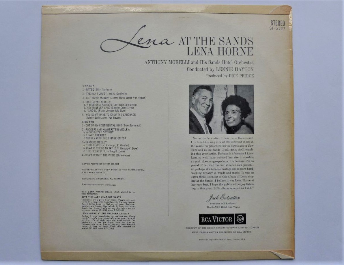 Lena Horne Lena At The Sands LP RCA Victor SF5127 EX/VG 1961 sleeve is VG because 2cm of top flipback is missing - Image 2