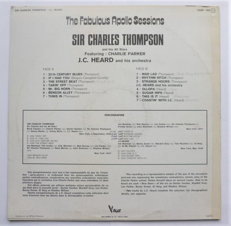 Sir Charles Thompson The Fabulous Apollo Sessions LP Vogue LDAP769 EX/VG 1973 French pressing, sleeve has writing on rear - Image 2