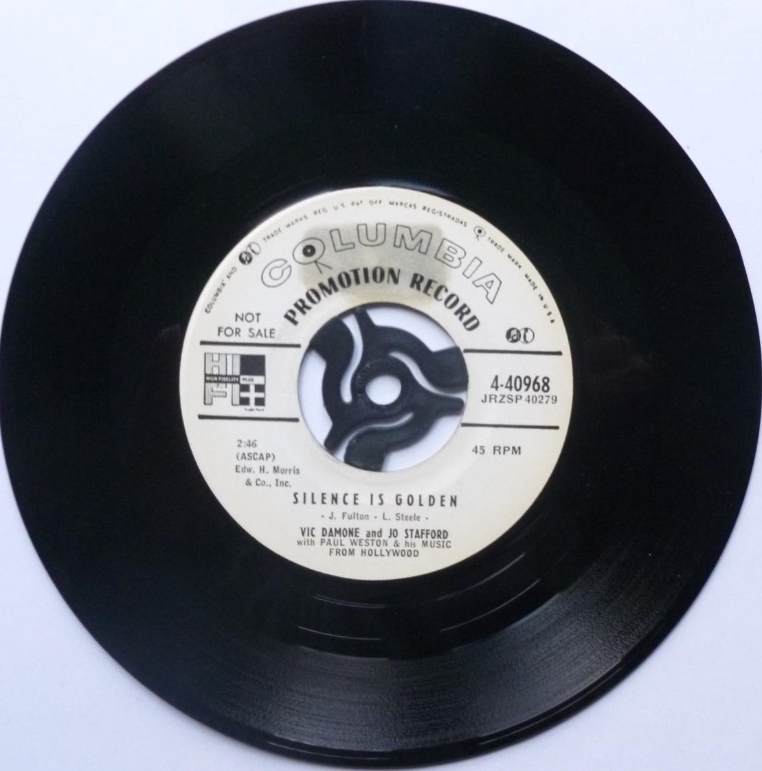Jo Stafford Silence Is Golden 7" Columbia 440968 VG 1960s promo, there is staining on both sides of label, US pressing, with Vic Damone