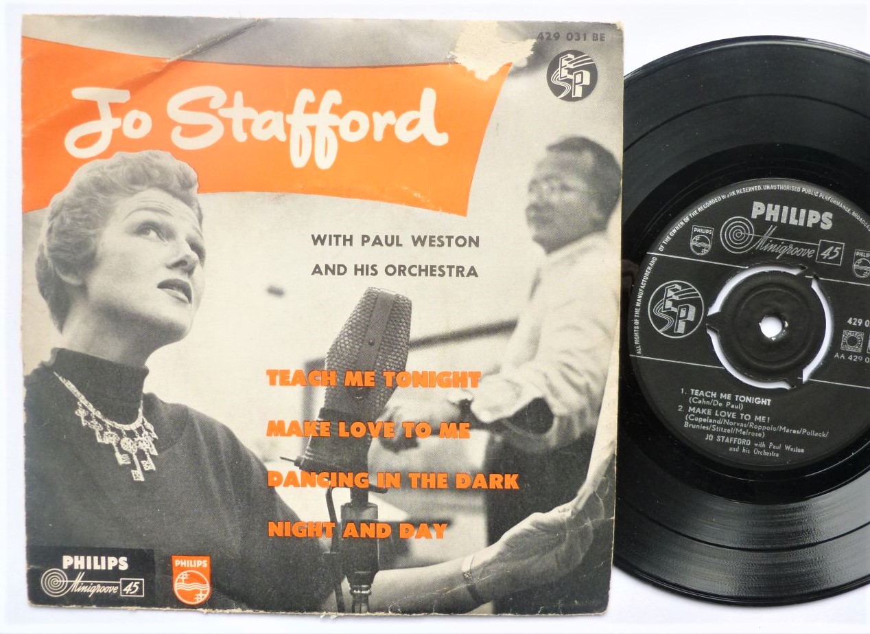 Jo Stafford Jo Stafford EP Philips 429031BE VG 1960s picture sleeve, made in Holland, sleeve has sticker mark on front and seam split on bottom edge