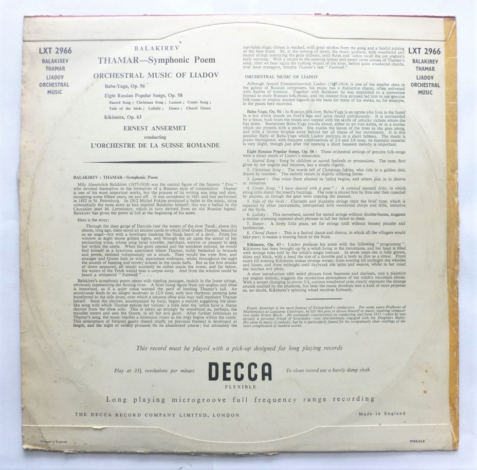Ansermet Balakirev LP Decca LXT2966 EX/VG 1954 sleeve is split along two thirds on bottom edge and has sellotape marks on spine - Image 2