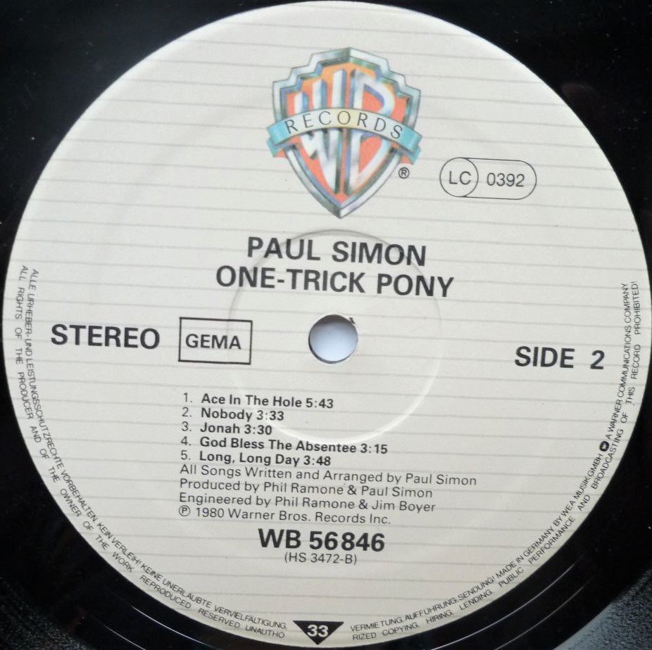 Paul Simon One Trick Pony LP Warner Bros WB56846 EX/EX 1980 German record in UK sleeve, sleeve has writing on rear - Image 4