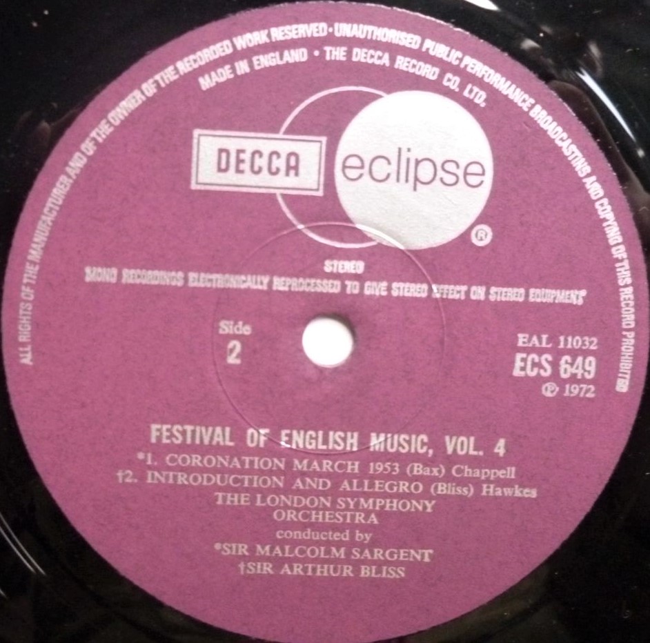 Malcolm Sargent Festival Of English Music Vol 4 LP Decca Eclipse ECS649 EX/EX 1972 there is handwritten date on rear of sleeve - Image 4