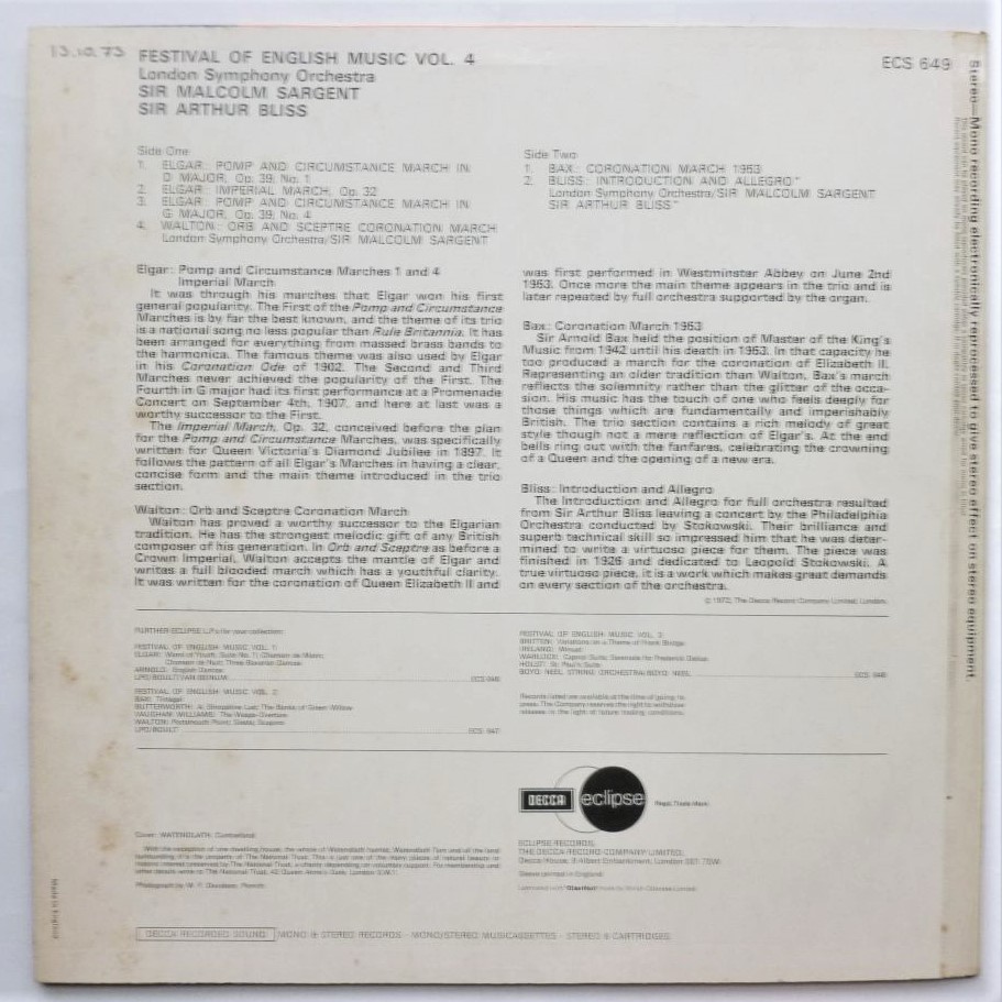 Malcolm Sargent Festival Of English Music Vol 4 LP Decca Eclipse ECS649 EX/EX 1972 there is handwritten date on rear of sleeve - Image 2