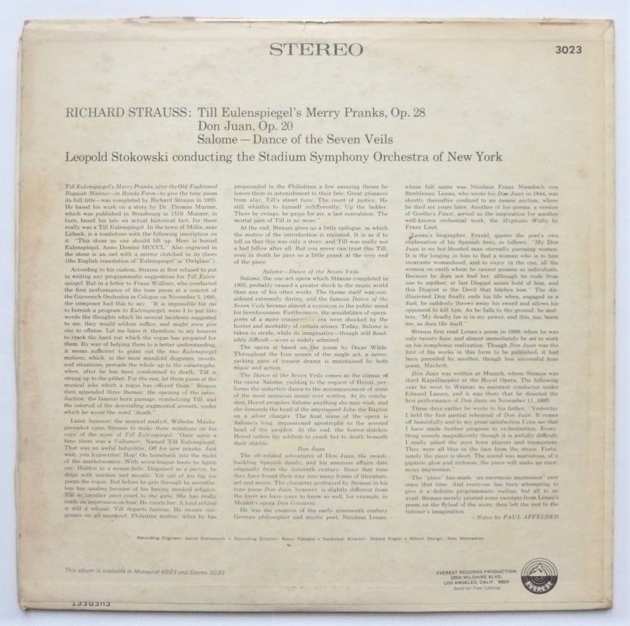 Leopold Stokowski Richard Strauss LP Everest SDVR3023 VG/VG 1967 UK record in US sleeve, sleeve is split 10cm along top edge from opening - Image 2