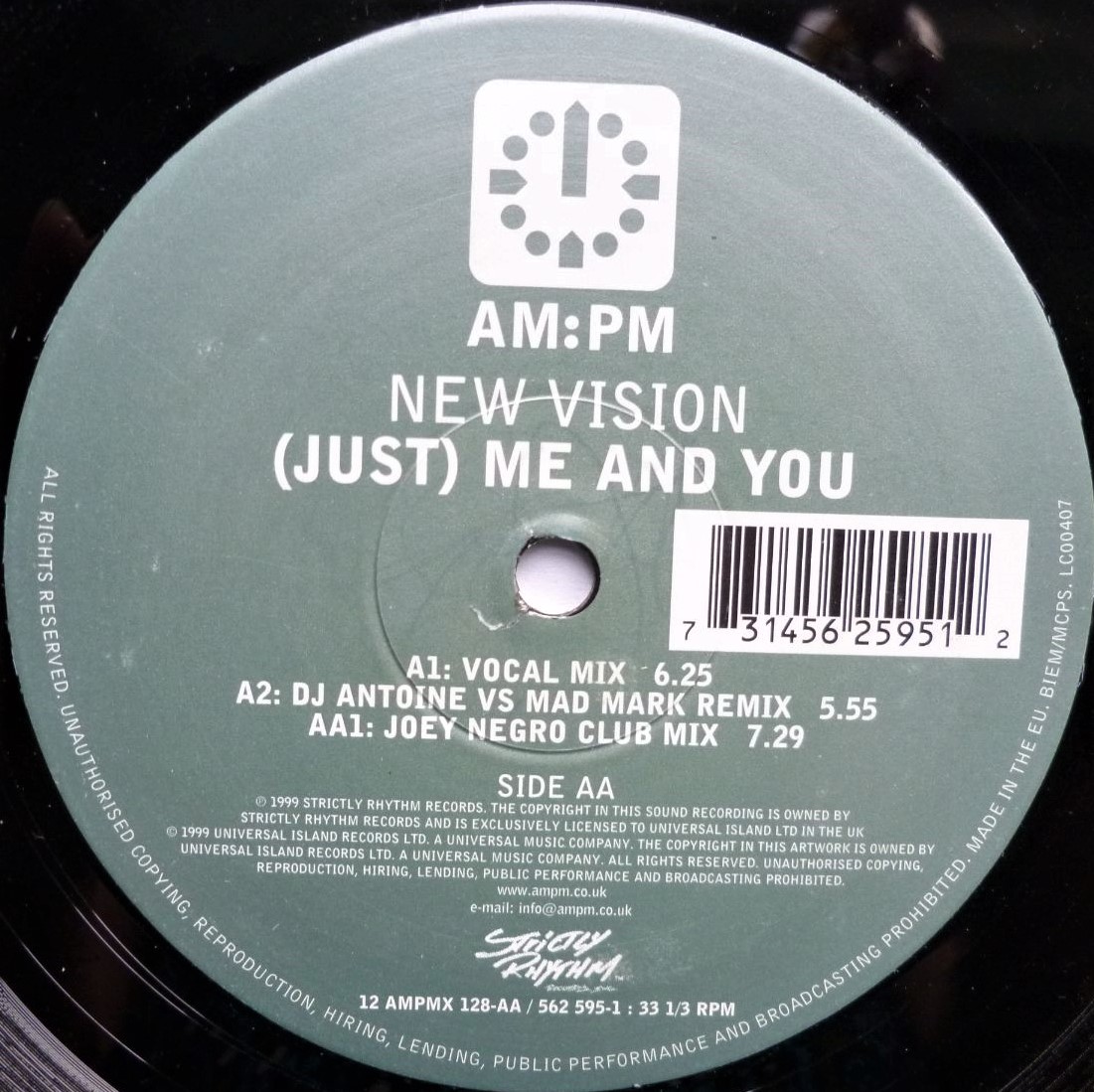 New Vision Just Me And You Vocal Mix 12" AMPM 12AMPMX128 EX/VG 1999 12 inch in picture sleeve, sleeve is quite wavy - Image 4