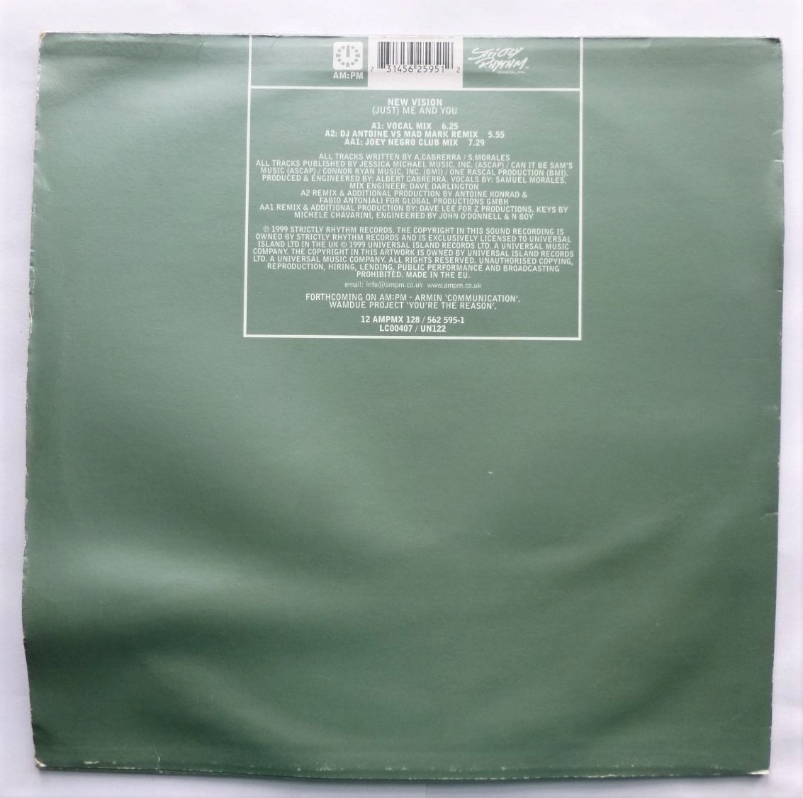 New Vision Just Me And You Vocal Mix 12" AMPM 12AMPMX128 EX/VG 1999 12 inch in picture sleeve, sleeve is quite wavy - Image 2