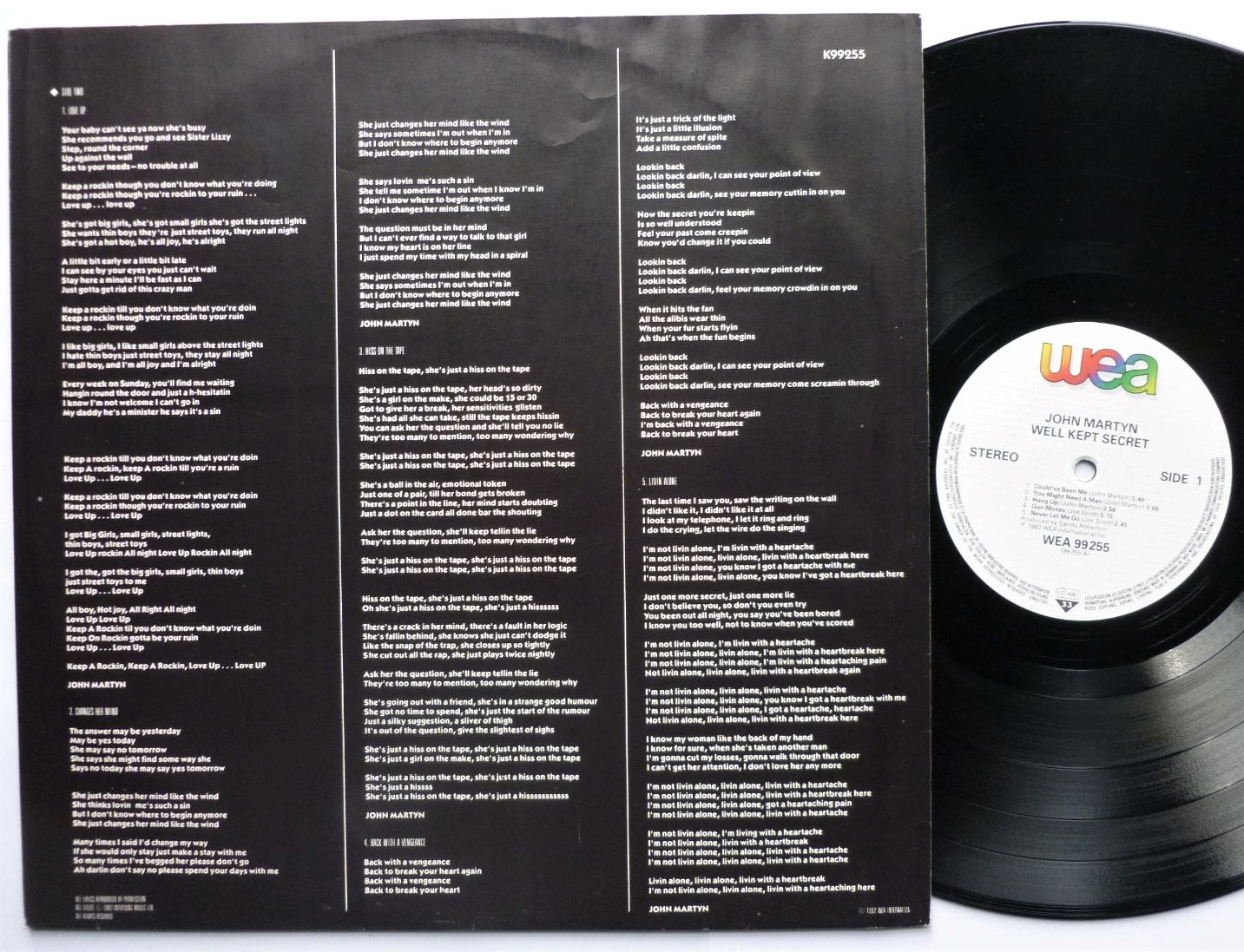 John Martyn Well Kept Secret LP WEA WEA99255 EX/VG 1982 German pressing with inner, sleeve has 1cm closed tear at front opening - Image 3