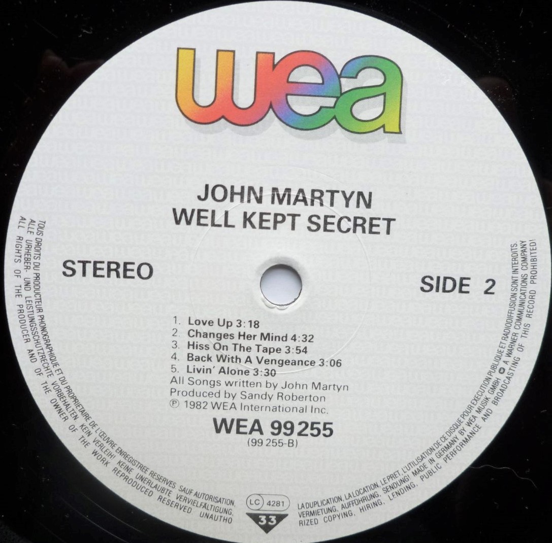 John Martyn Well Kept Secret LP WEA WEA99255 EX/VG 1982 German pressing with inner, sleeve has 1cm closed tear at front opening - Image 4
