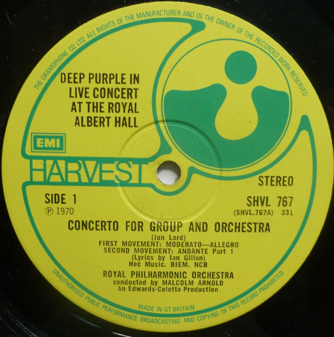 Deep Purple Concerto For Group And Orchestra LP Harvest SHVL767 EX-/EX- 1970 matrix A1 & B1, with Harvest poly-lined inner - Image 4