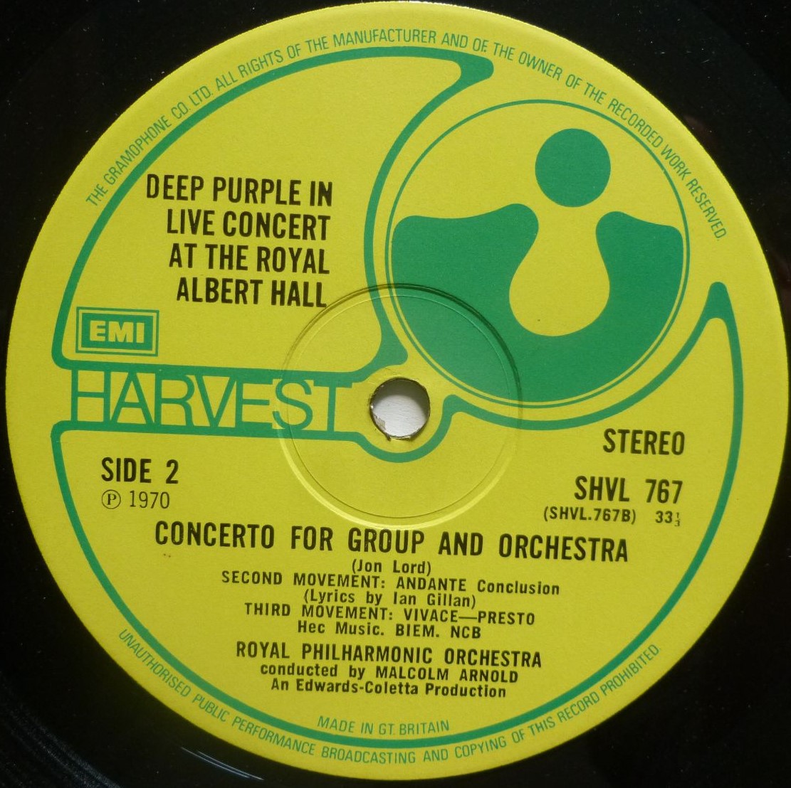 Deep Purple Concerto For Group And Orchestra LP Harvest SHVL767 EX-/EX- 1970 matrix A1 & B1, with Harvest poly-lined inner - Image 5