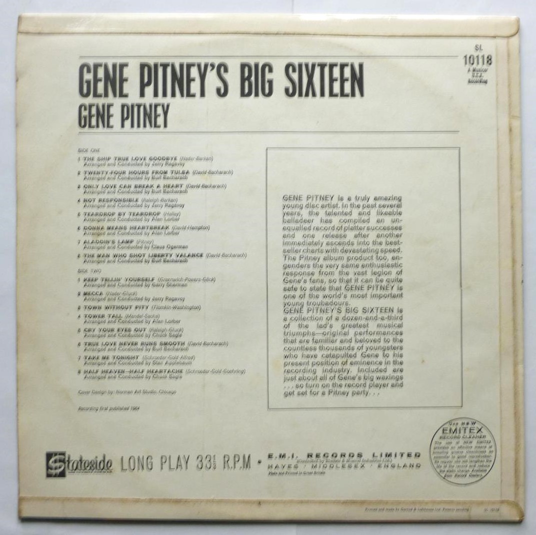 Gene Pitney Gene Pitney's Big Sixteen LP Stateside SL10118 EX/VG 1964 sleeve has dealer sticker at top flipback - Image 2