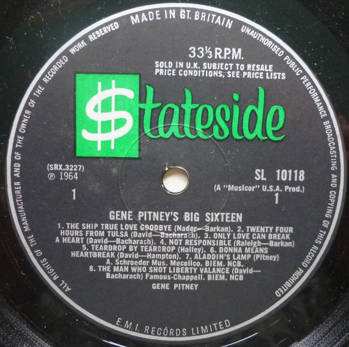 Gene Pitney Gene Pitney's Big Sixteen LP Stateside SL10118 EX/VG 1964 sleeve has dealer sticker at top flipback - Image 3