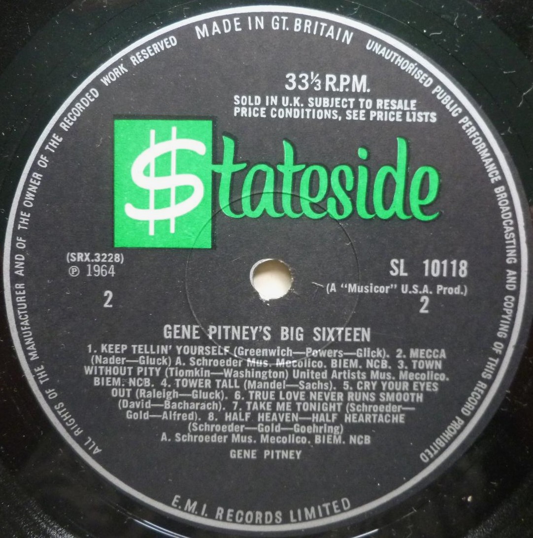Gene Pitney Gene Pitney's Big Sixteen LP Stateside SL10118 EX/VG 1964 sleeve has dealer sticker at top flipback - Image 4