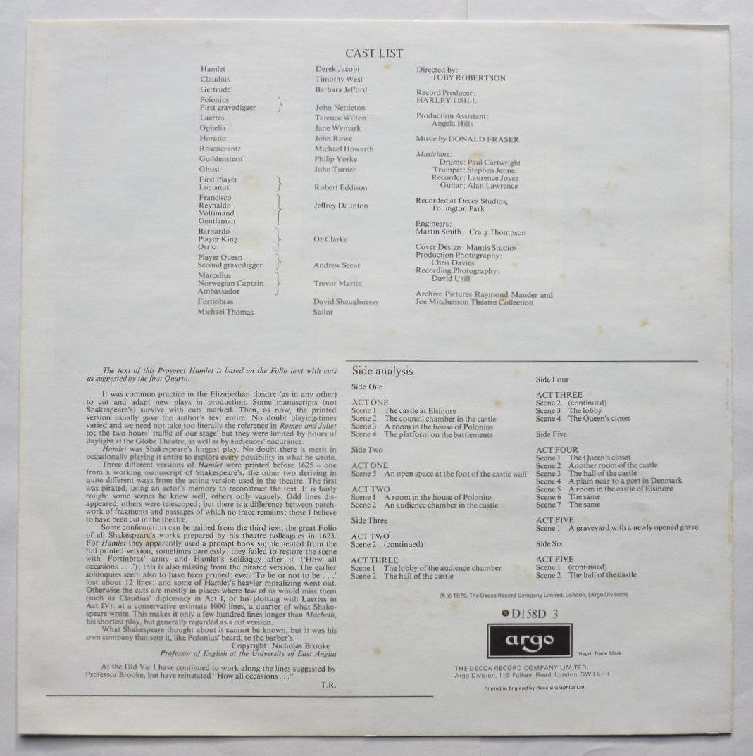 Old Vic Company Hamlet 3LP Argo D158D3 EX/EX 1979 3-LP boxed with insert which is quite foxed (has brown aging spots) - Image 5