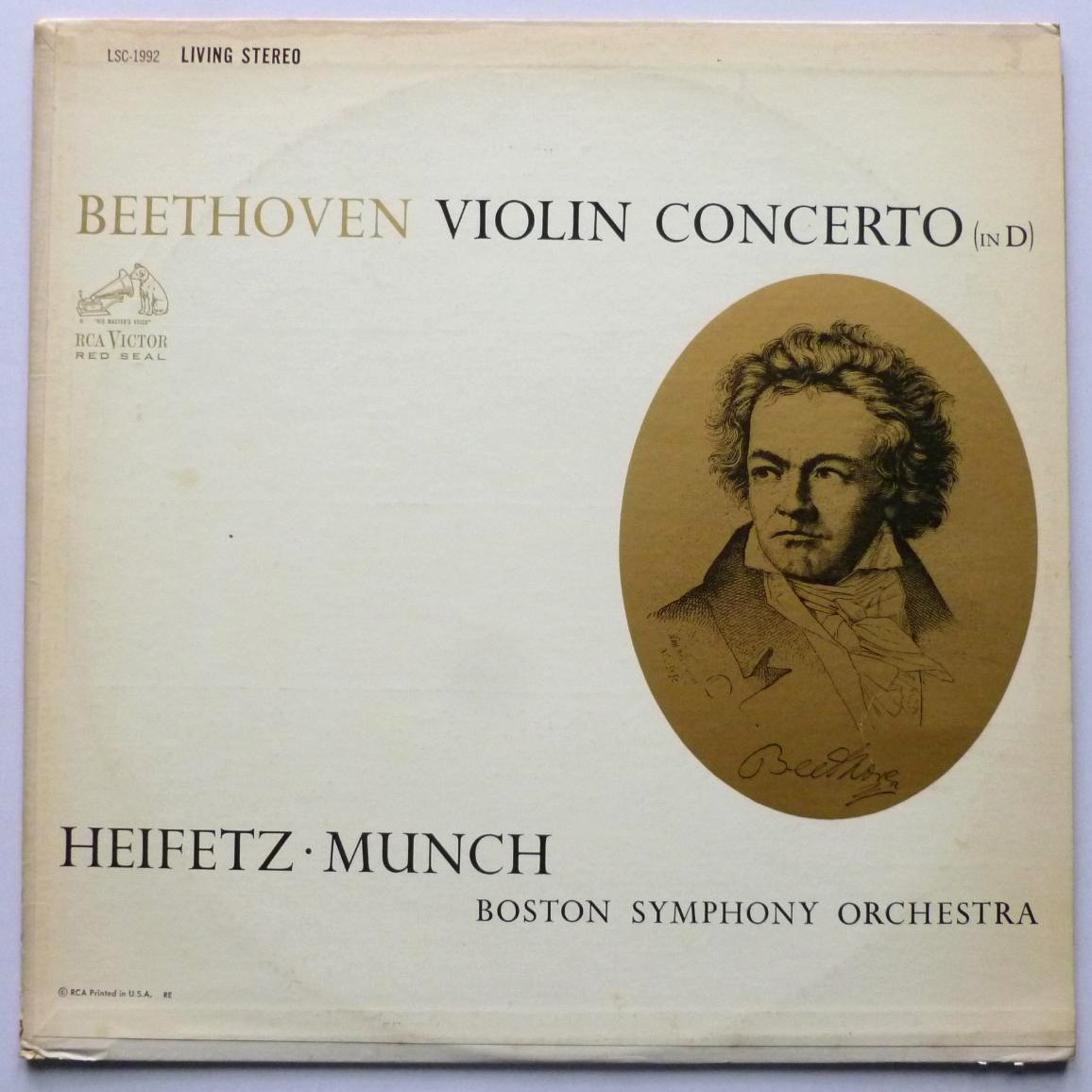 Jascha Heifetz Beethoven Violin Concerto In D LP RCA Victor LSC1992 EX/VG 1959 grooved label, stereo, sleeve has 4cm split on bottom edge at opening