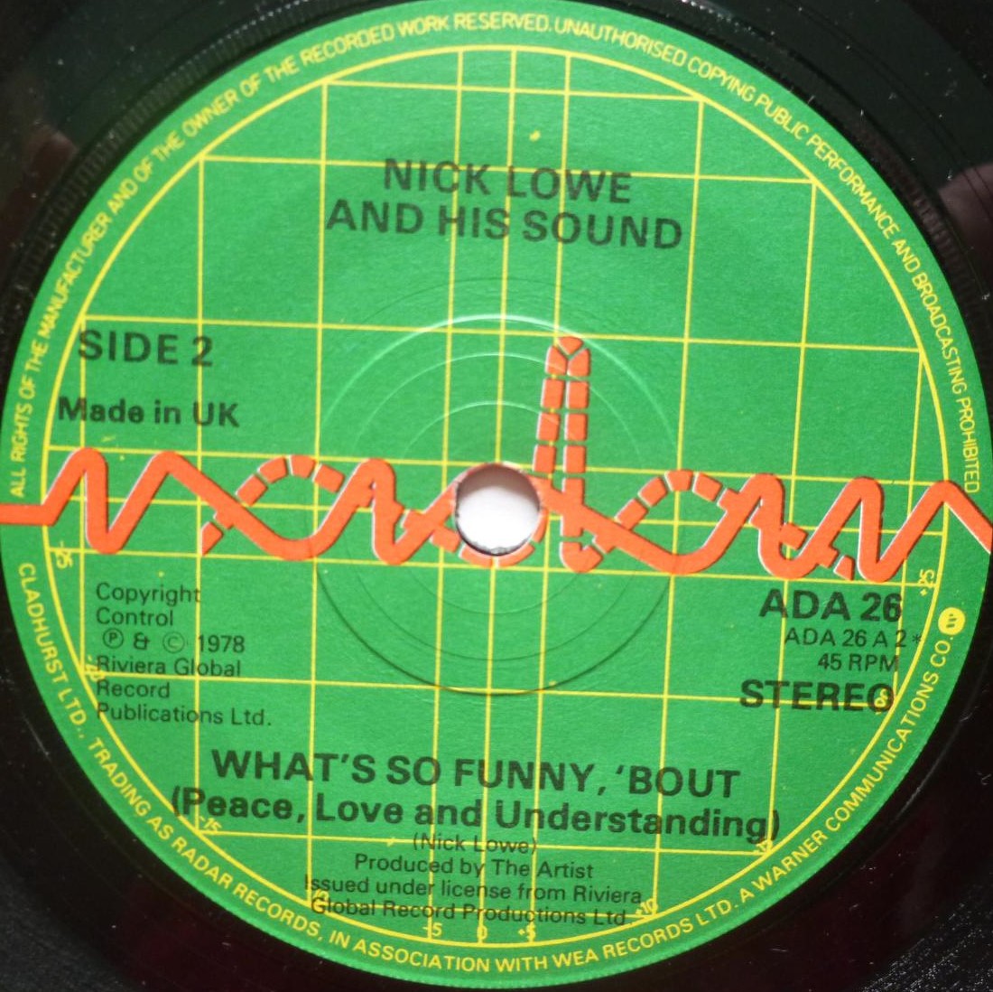 Nick Lowe American Squirm 7" Radar ADA26 EX/EX 1978 picture sleeve, there is sticker on a-side label - Image 5