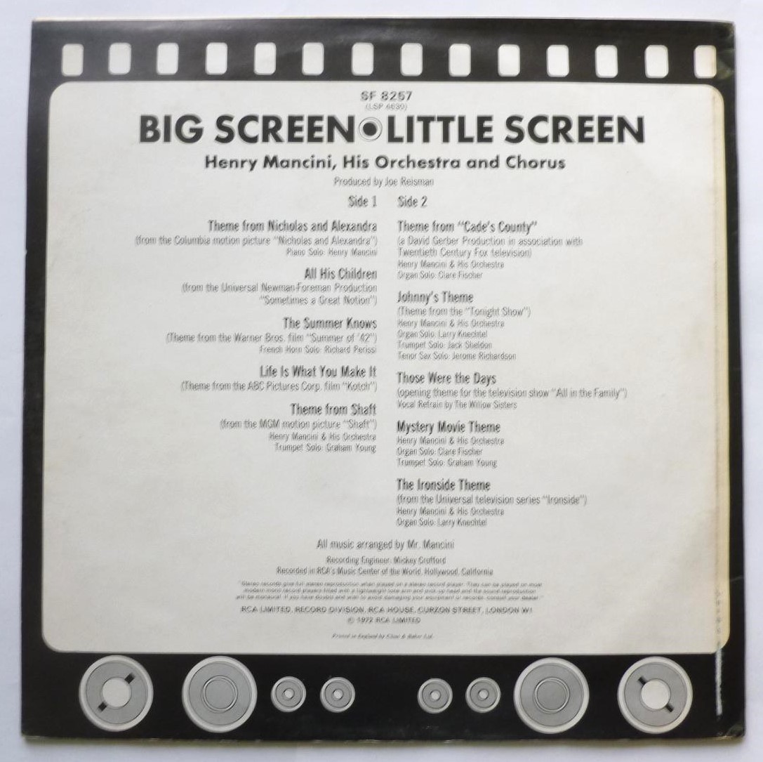 Henry Mancini Big Screen Little Screen LP RCA Victor SF8257 EX/VG 1972 sleeve has sticker mark on front, there is sample sticker on side one label - Image 2