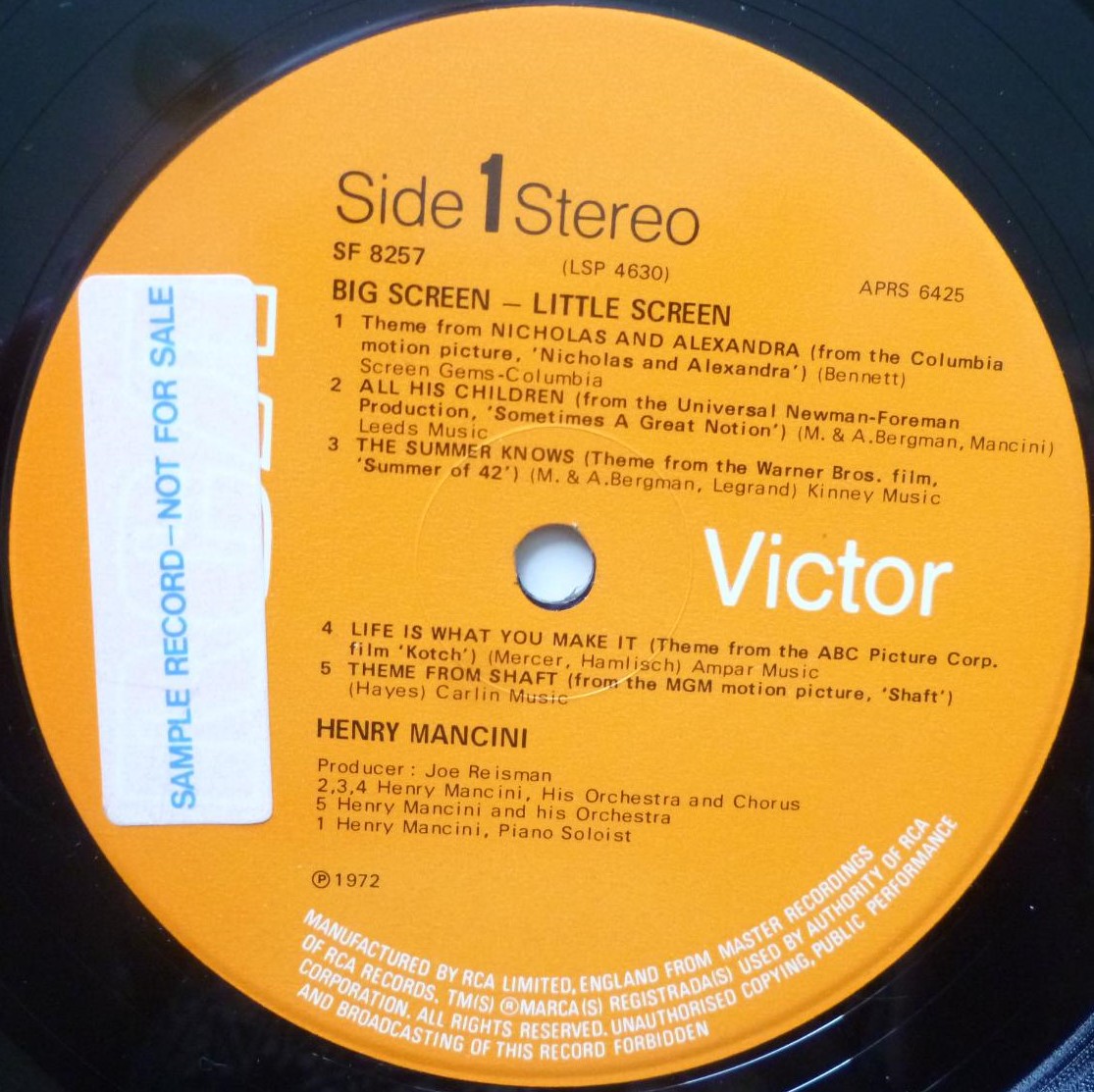 Henry Mancini Big Screen Little Screen LP RCA Victor SF8257 EX/VG 1972 sleeve has sticker mark on front, there is sample sticker on side one label - Image 3