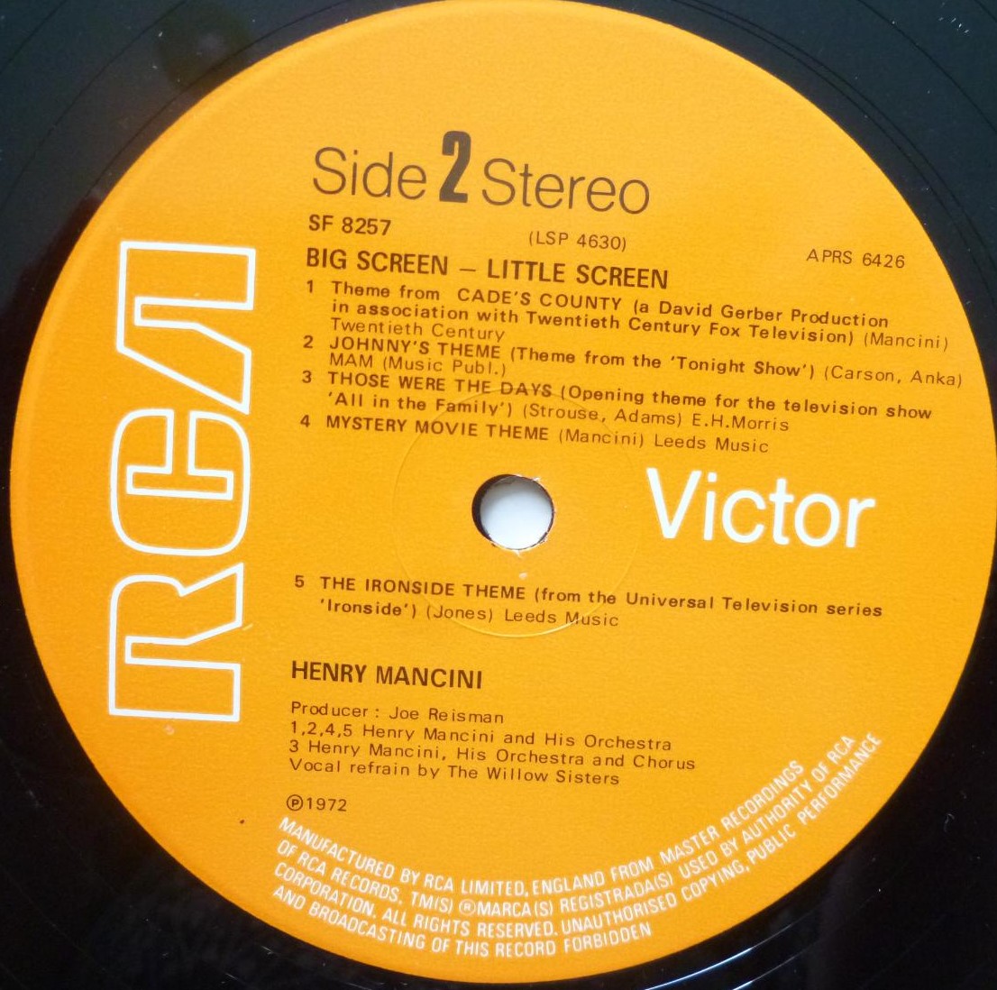 Henry Mancini Big Screen Little Screen LP RCA Victor SF8257 EX/VG 1972 sleeve has sticker mark on front, there is sample sticker on side one label - Image 4