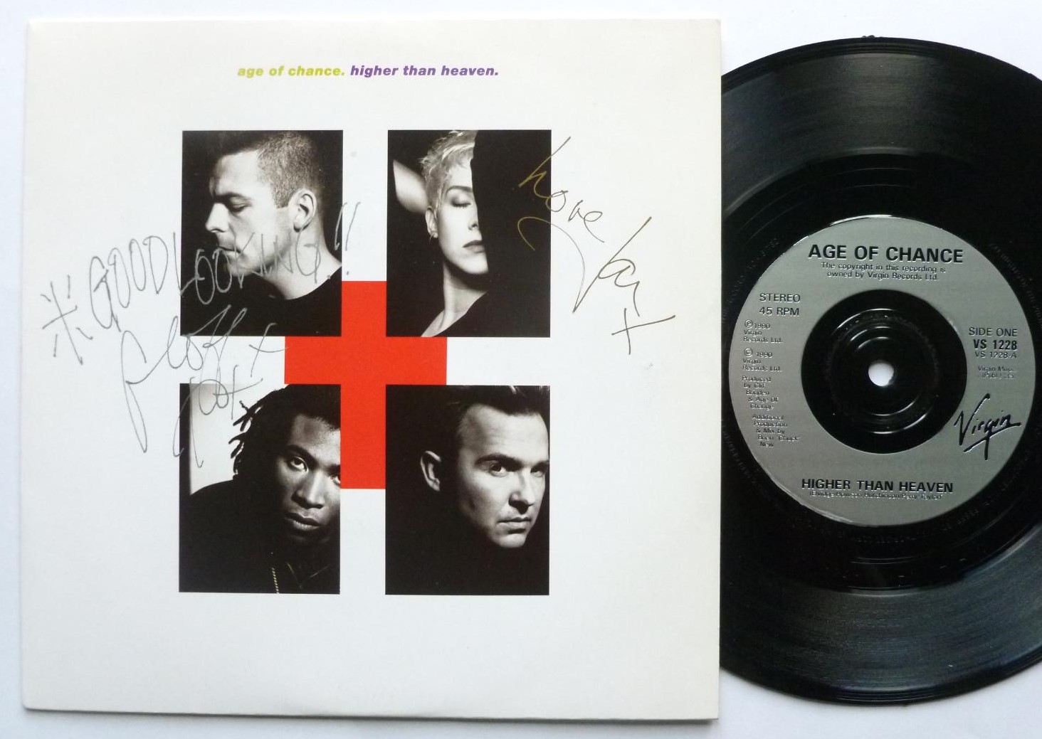 Age Of Chance Higher Than Heaven 7" Virgin VS1228 EX /EX 1990 picture sleeve is signed on front by Geoff Taylor & Jan Perry