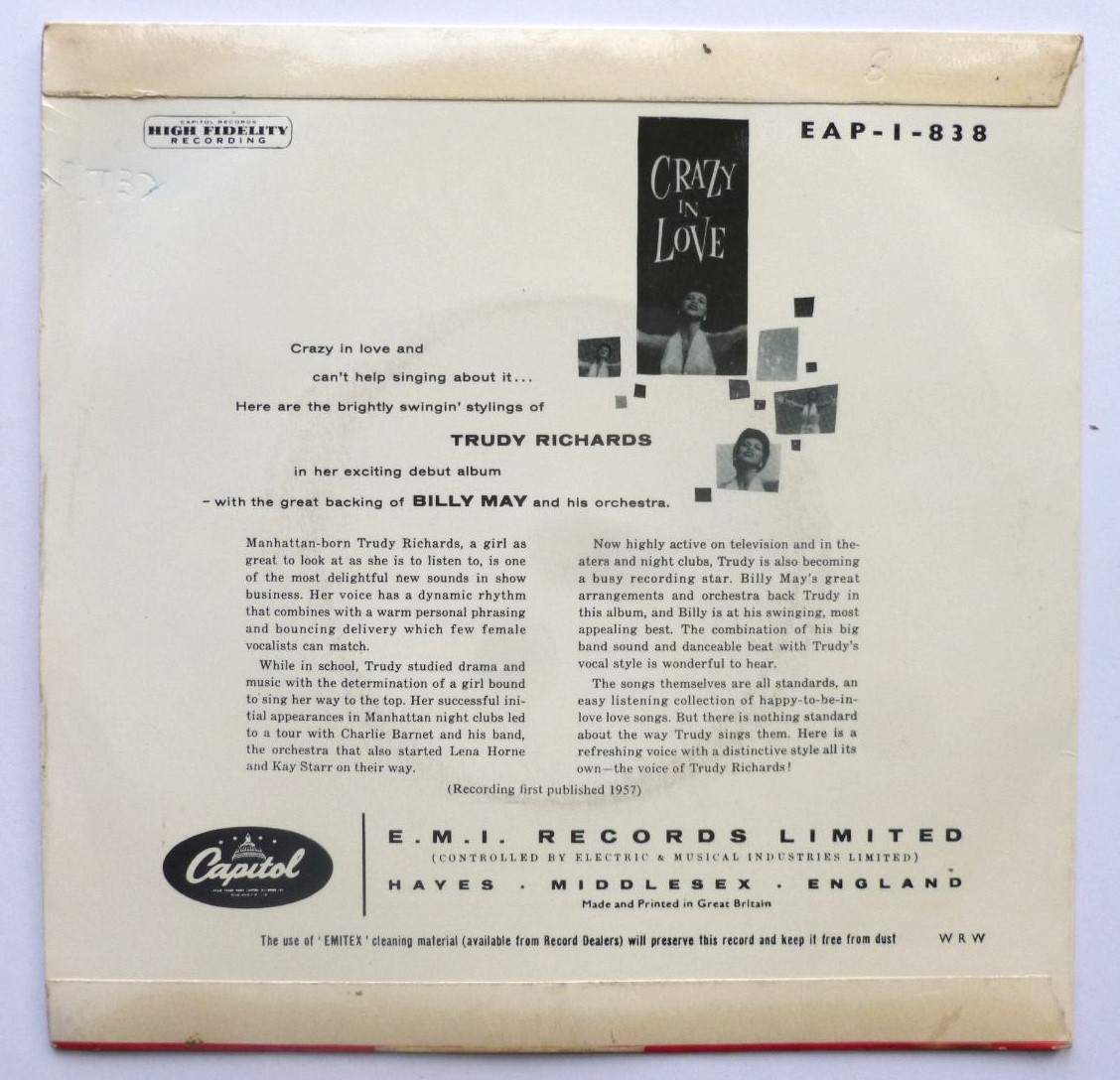 Trudy Richards Crazy In Love EP Capitol EAP1838 EX/EX 1957 picture sleeve, 4-track 45rpm 7 there is writing on side two label. - Image 3