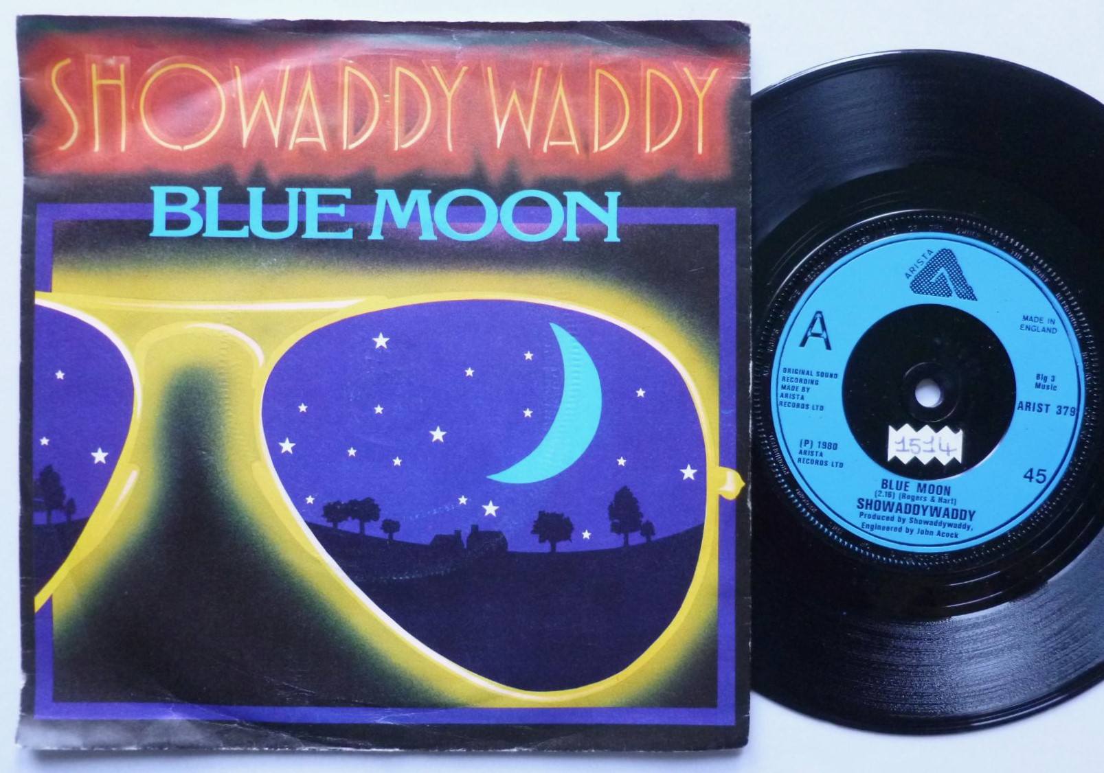 Showaddywaddy Blue Moon 7" Arista ARIST379 EX/VG 1978 picture sleeve, blue label, there is sticker on label and small number written inside sleeve