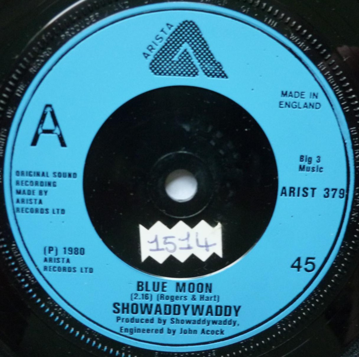 Showaddywaddy Blue Moon 7" Arista ARIST379 EX/VG 1978 picture sleeve, blue label, there is sticker on label and small number written inside sleeve - Image 4