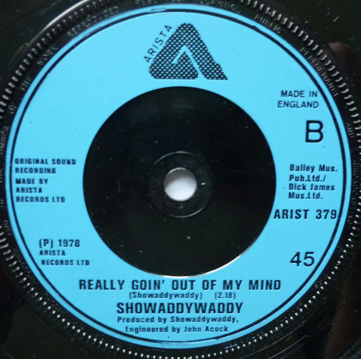 Showaddywaddy Blue Moon 7" Arista ARIST379 EX/VG 1978 picture sleeve, blue label, there is sticker on label and small number written inside sleeve - Image 5