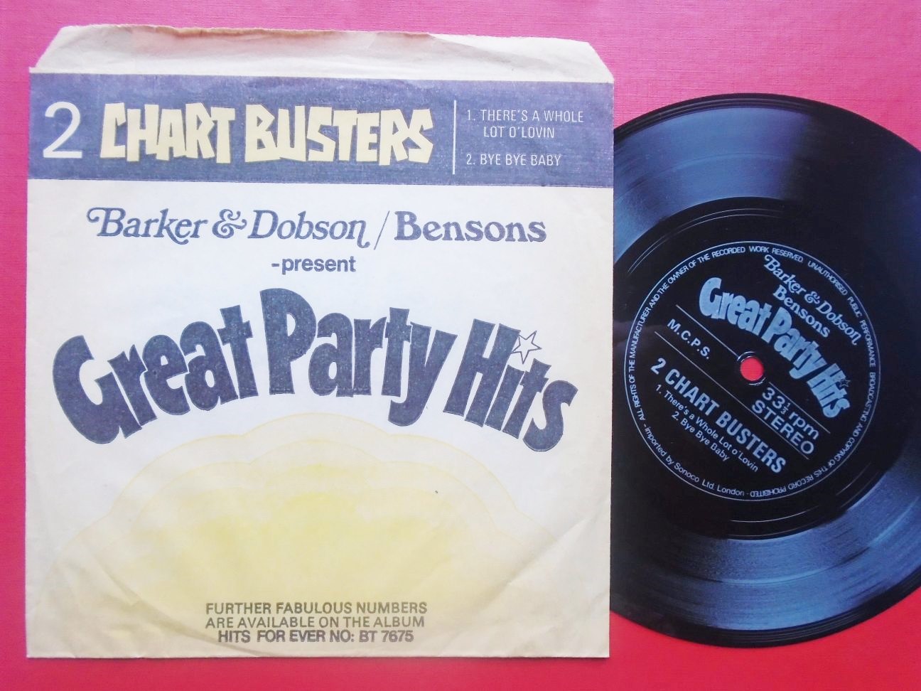 There's A Whole Lot O' Lovin' & Bye Bye Baby flexi Sonoco MCPS EX/EX 1970s Chart Busters flexi in picture sleeve, Barker & Dobsons promotional disc
