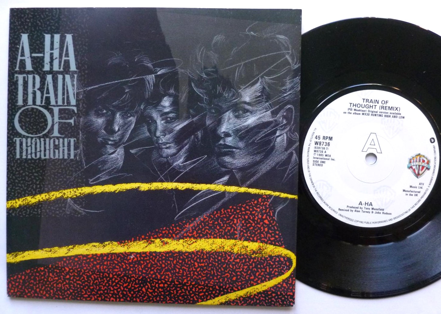 A-HA Train Of Thought Remix 7" Warner Bros W8736 EX/EX 1985 picture sleeve, white paper label