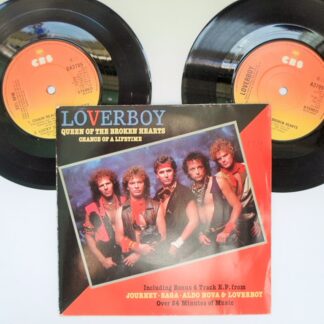 Loverboy Queen Of The Broken Hearts 2x7" CBS DA3705 EX/VG 1983 picture sleeve, double single, second record has 4-tracks and features three other bands - Journey: Chain Reaction, Loverboy: Lucky Ones, Aldo Nove: Fantasy, Saga: On The Loose