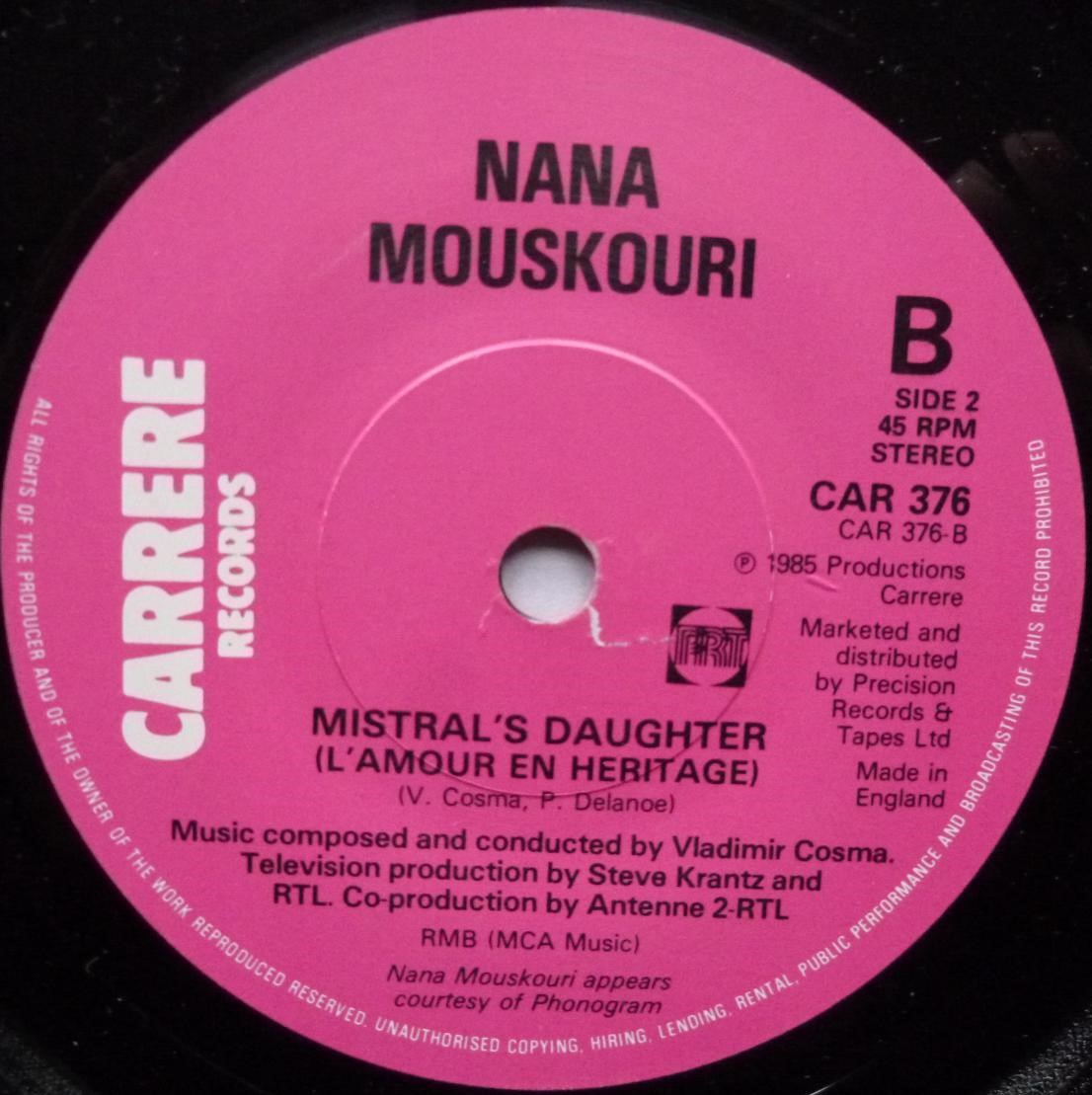 Nana Mouskouri Only Love 7" Carrere CAR376 EX/EX 1985 picture sleeve, original soundtrack from the mini-series Antenne 2-RTL - Image 5