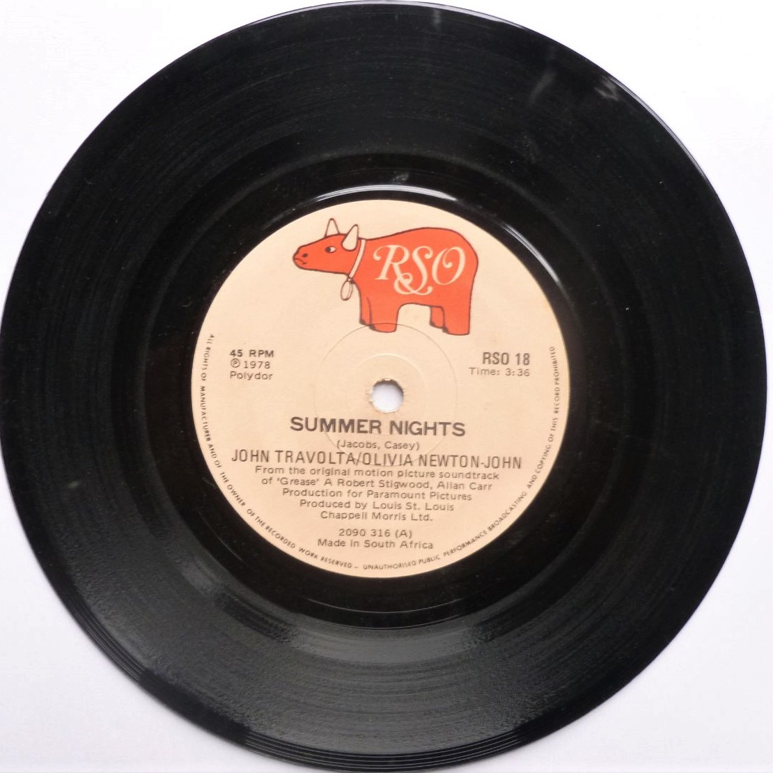John Travolta & Olivia Newton John Summer Nights 7" RSO RSO18 EX 1978 South African pressing, b-side by Louis St Louis