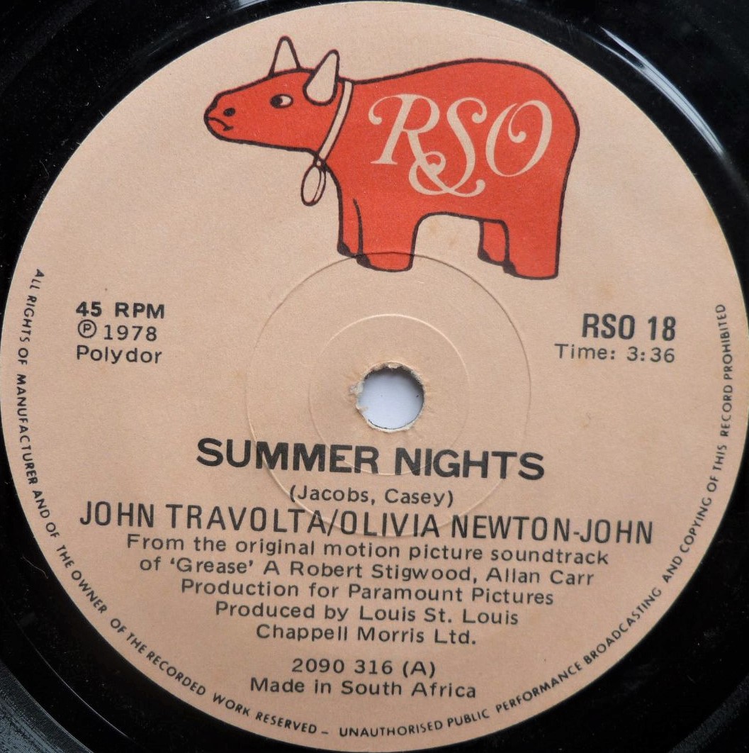 John Travolta & Olivia Newton John Summer Nights 7" RSO RSO18 EX 1978 South African pressing, b-side by Louis St Louis - Image 2