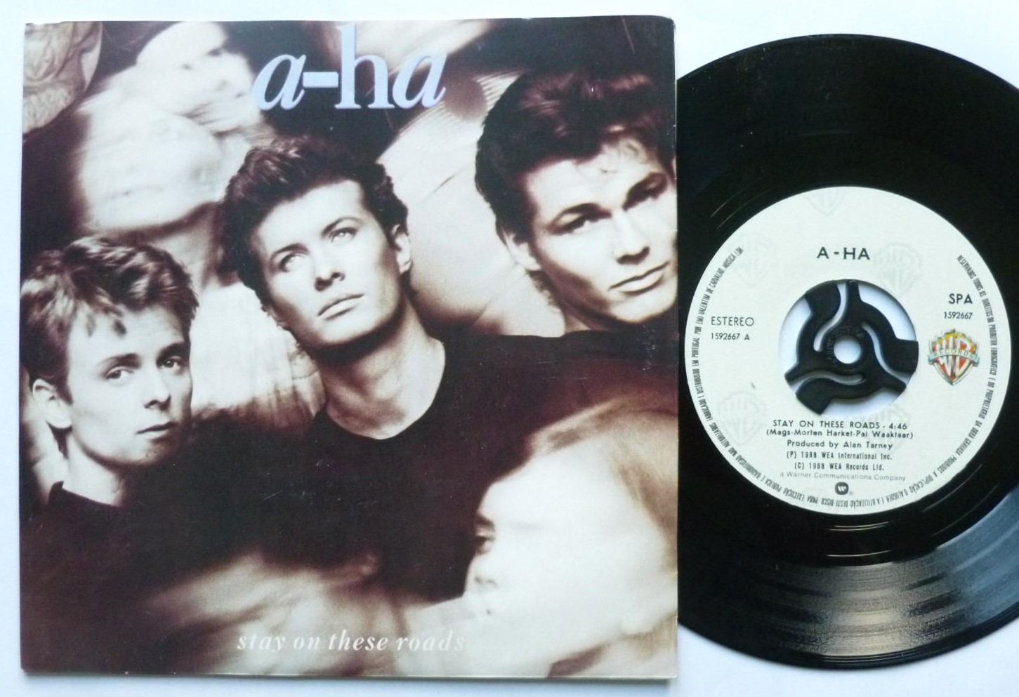 A-HA Stay On These Roads 7" Warner Bros 1592667 EX/EX 1988 picture sleeve, made in Portugal