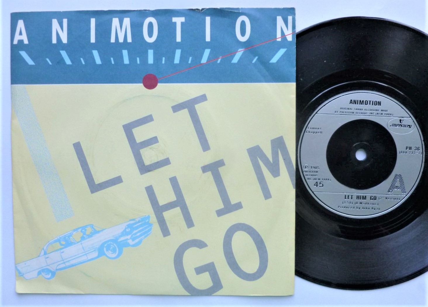 Animotion Let Him Go 7" Mercury PH36 EX/VG 1985 picture sleeve has ring marks and is a bit creased at opening