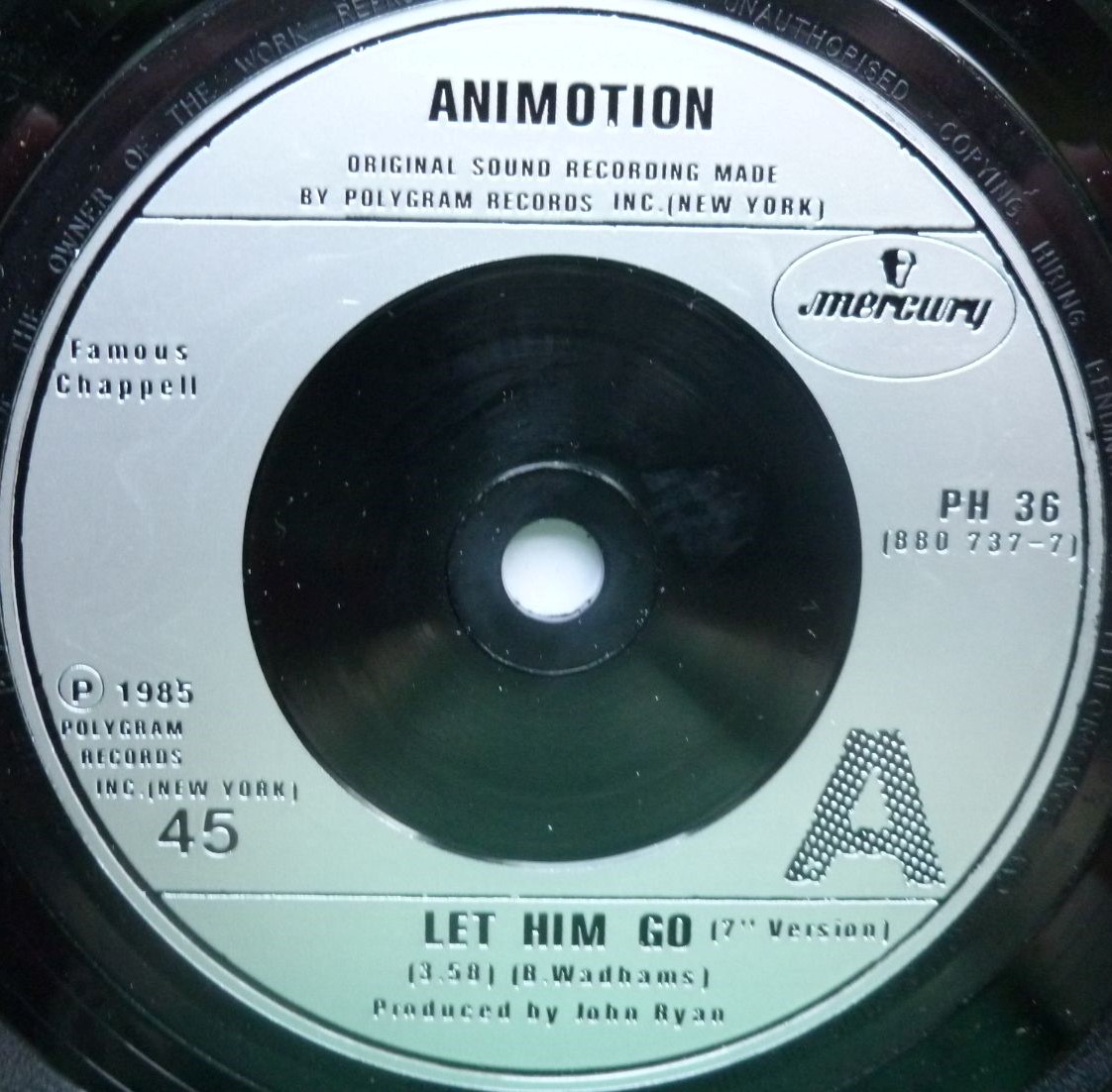 Animotion Let Him Go 7" Mercury PH36 EX/VG 1985 picture sleeve has ring marks and is a bit creased at opening - Image 4
