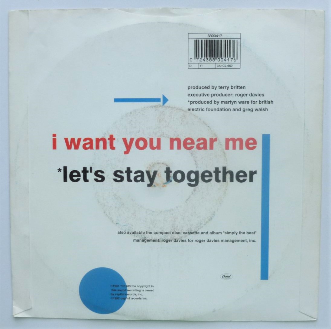 Tina Turner I Want You Near Me 7" Capitol CL659 EX/VG 1991 picture sleeve has ring mark on rear - Image 3